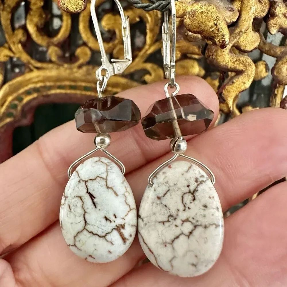 White howlite smoky quartz drop earrings
